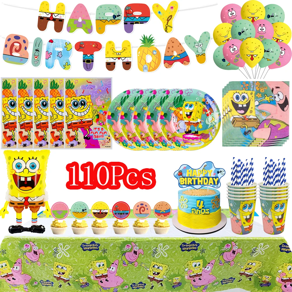 Decoración de fiesta de cumpleaños de Bob Esponja de dibujos animados, vajilla desechable, mantel, plato, globo, Baby Shower, suministros para fiesta de niñas