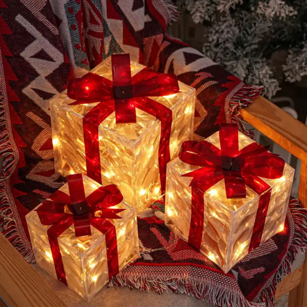 Christmas Gift Box Ornament With Bow Light Up Present Boxes Christmas Xmas Light Under Xmas Tree Luminous Outdoor Decorative