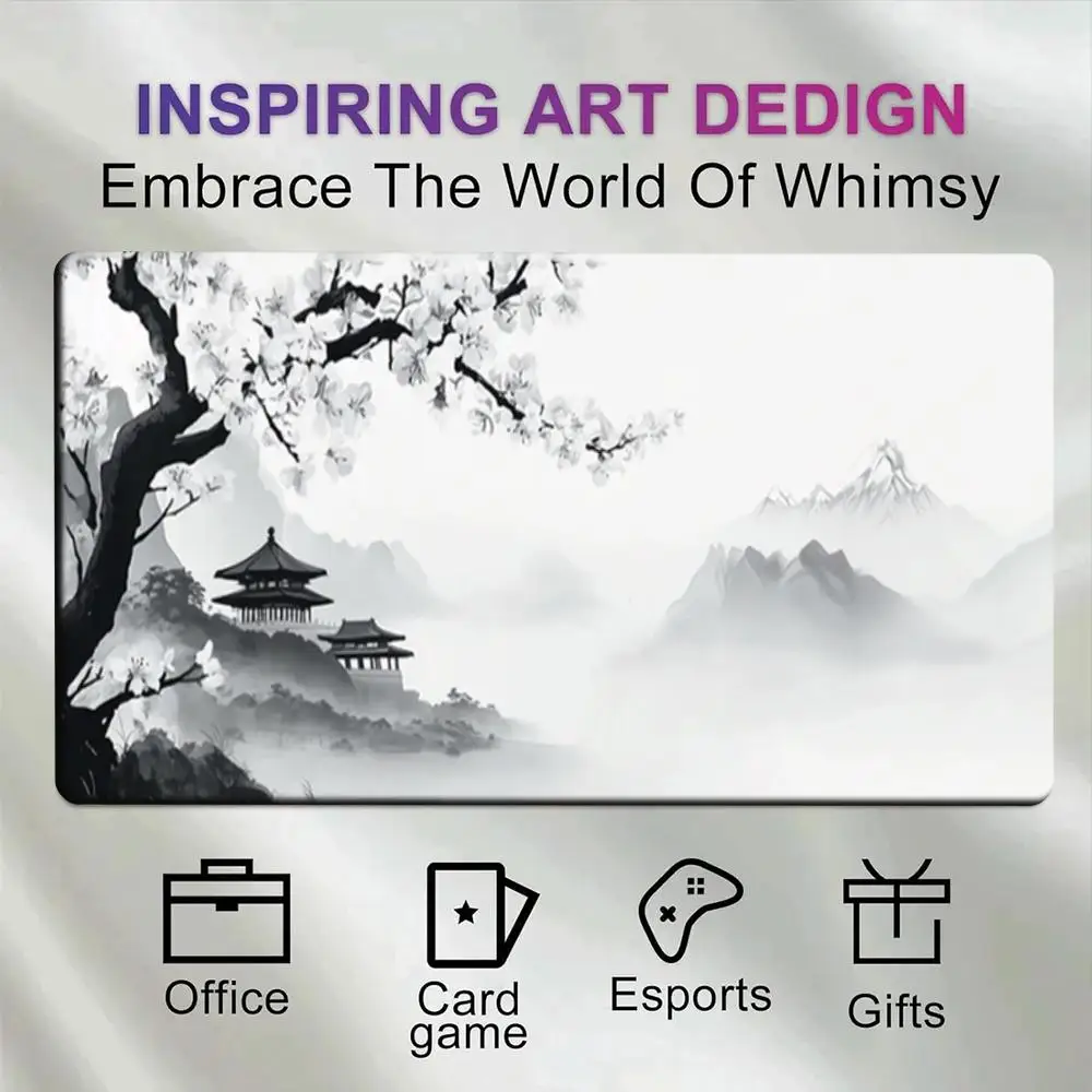 Monochrome Chinese Ink Landscape XXL Desk Pad Traditional Oriental Art Pagoda Hazy Mountains Plum Blossom Branches Minimal