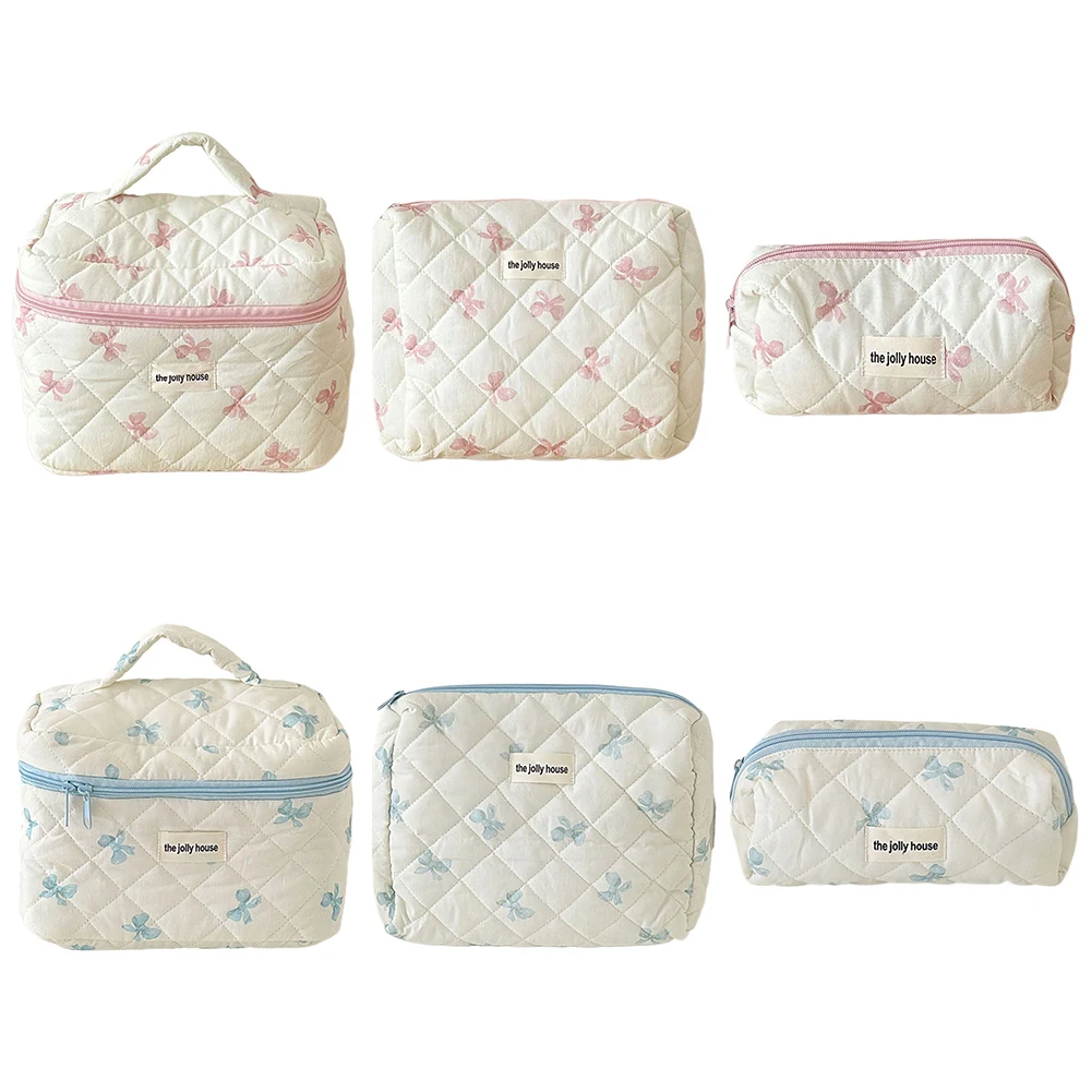 Cute Bow Travel Makeup Pouch with Zipper Toiletry Bag Cotton Quilted Makeup Organizer Storage Bag for Women Girls