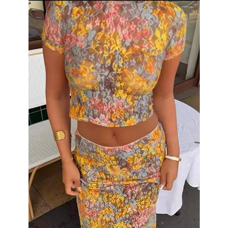 Fashion Printed Short Sleeve Summer Suit Vacation Crop Leisure Women's Two Piece Set Sexy Perspective Slim Fit Long Skirt Outfit