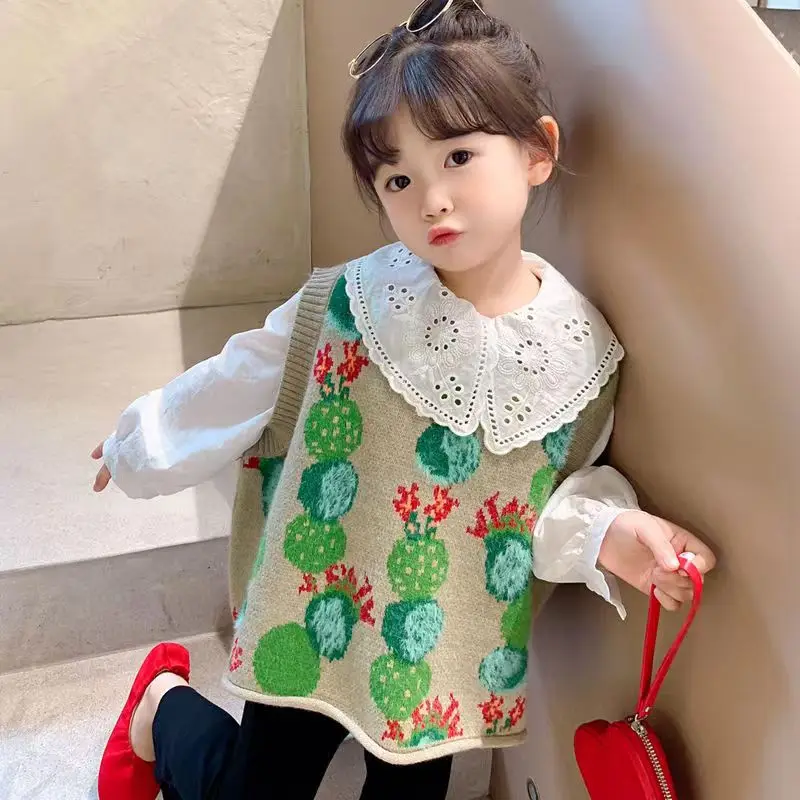 Baby Toddler Girls Flowear O Neck Sweater Vest Sleeveless Pullover Knitted Waistcoat Kids Loose Cute Knit Outerwear Coat 2-8Y