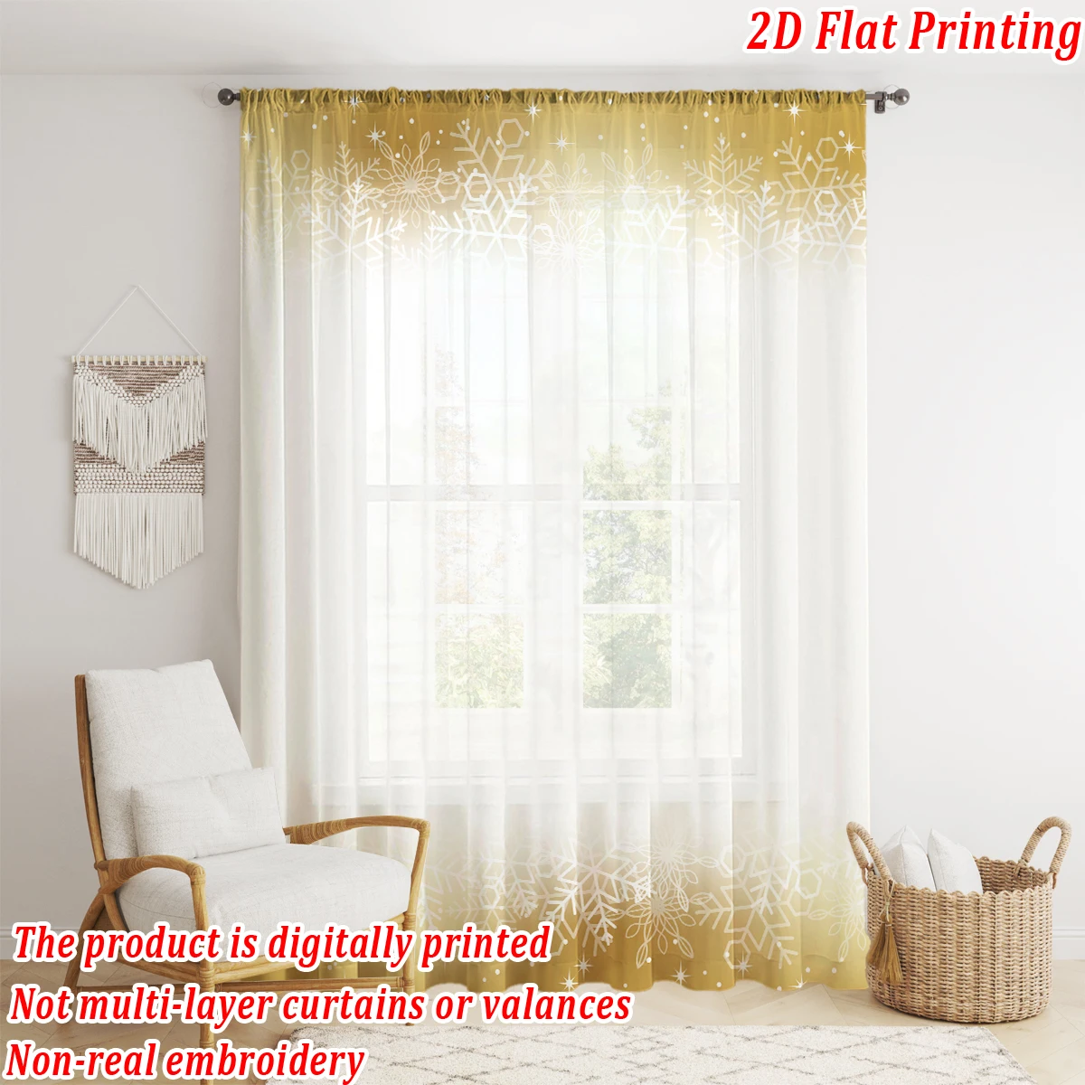 Christmas Flat Printing Sheer Curtain with Christmas Snowflak for Living Room Bedroom Decor Holiday Party