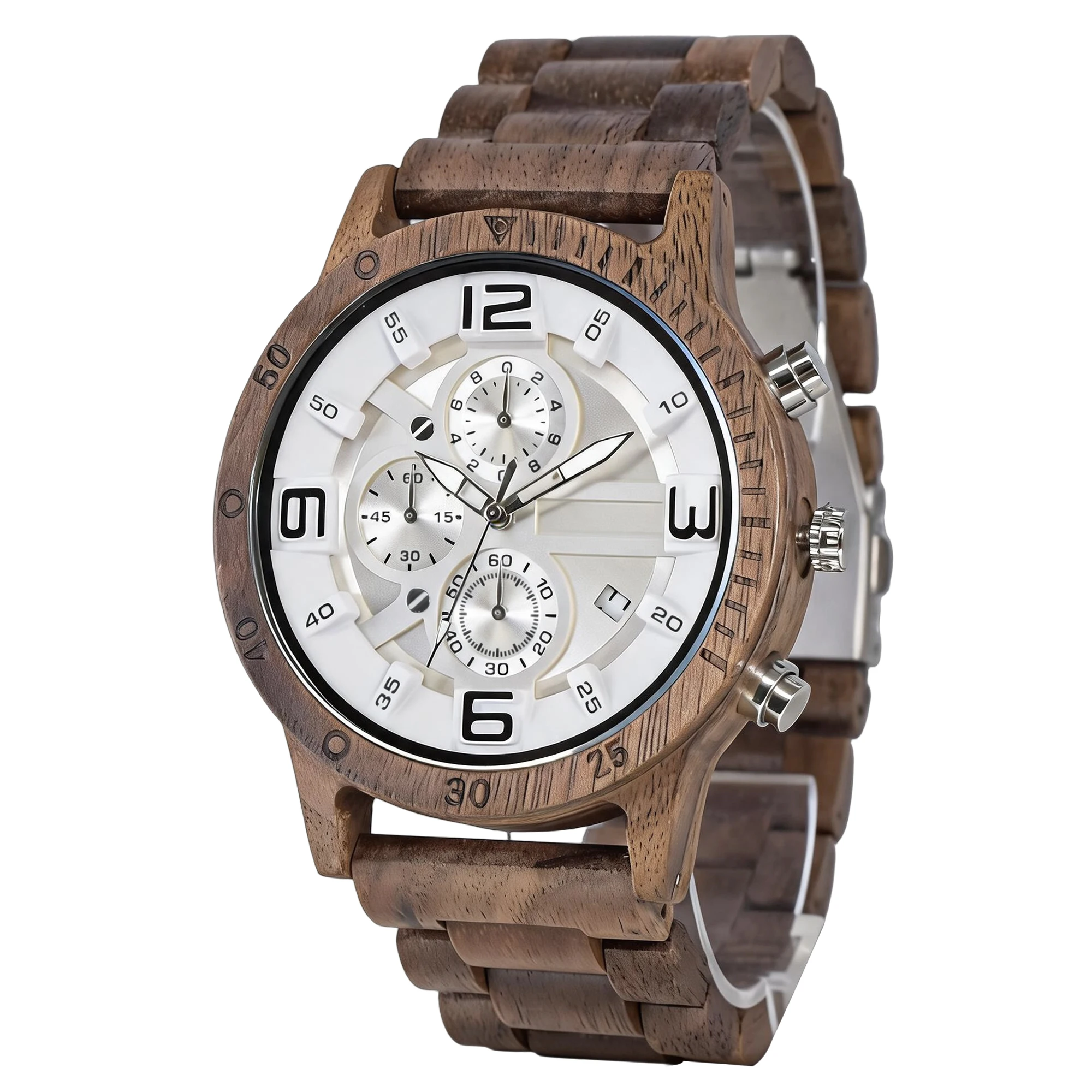 Business Wooden Multifunction Wristwatch with Analog Calendar Round Case Folding Clasp for Men Watch