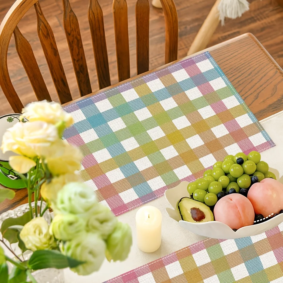 Of 4 Flat 2D Placemats in Blue, Pink, and Yellow Buffalo Plaid, Perfect for Easter Celebrations and Kitchen Dining Decor view 3