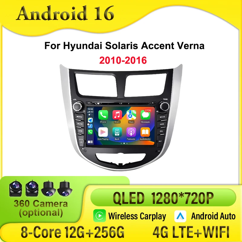 For Hyundai Solaris Accent Verna 2010-2016 Android 16 Car Stereo Multimedia Radio Player CarPlay GPS Navigation Bluetooth WIFI