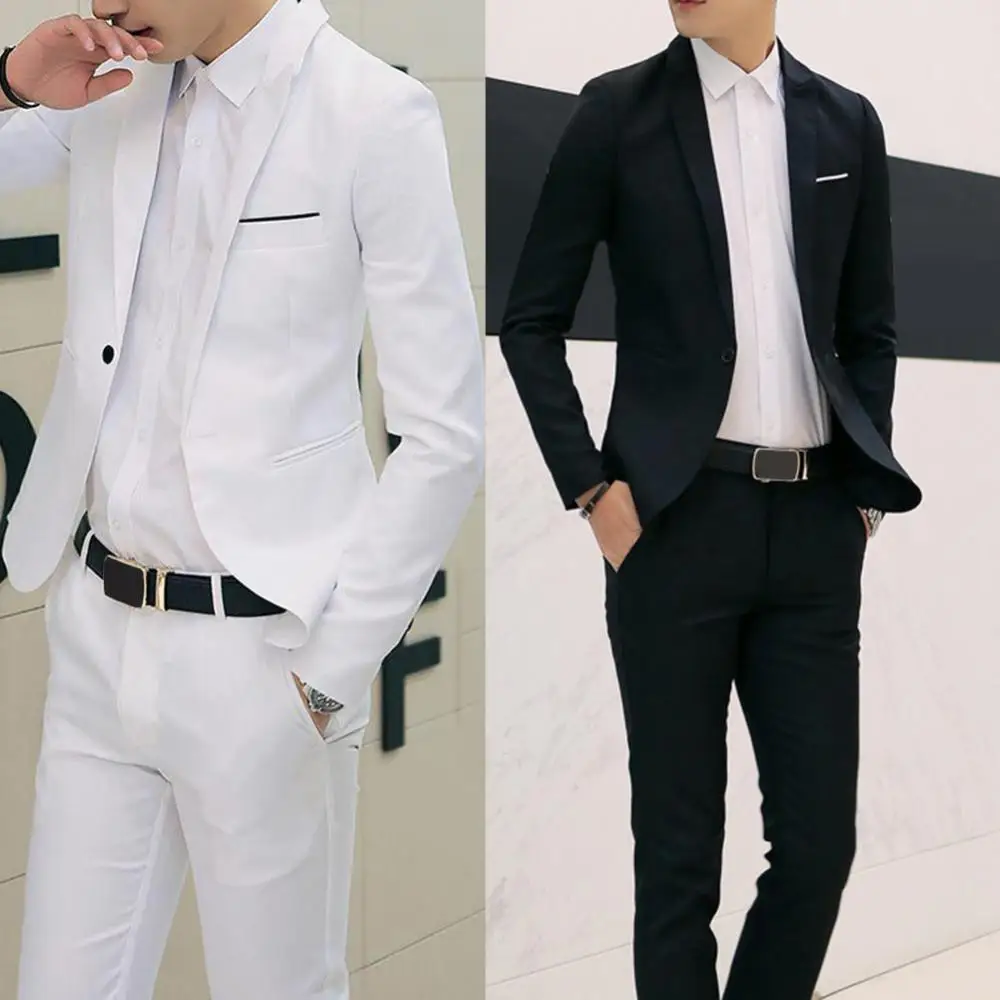 2Pcs Office Business Men Lapel Long Sleeve Slim Blazer Pants Suit Men's Suit Coat Pants Set Business Casual Suit Two-piece Set