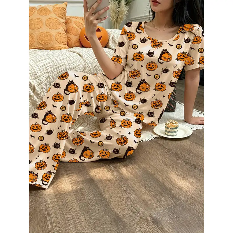 Women's Halloween-Themed Pajamas, Cartoon Pumpkin, Bat, and Little Black Cat Print Short-Sleeve Long-Pants Pajama Set