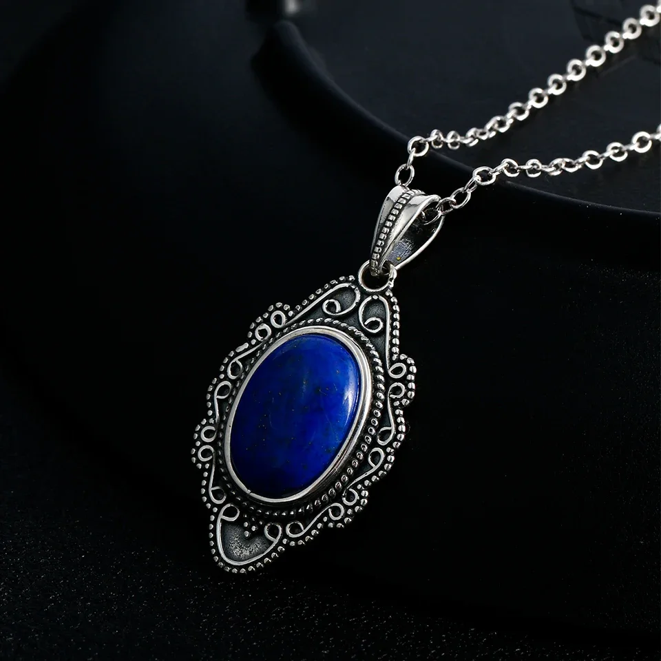 S925 Silver Necklace Vintage Oval Lapis Pendants Necklace Jewelry for Women Party Birthday Gifts Fine Jewelry