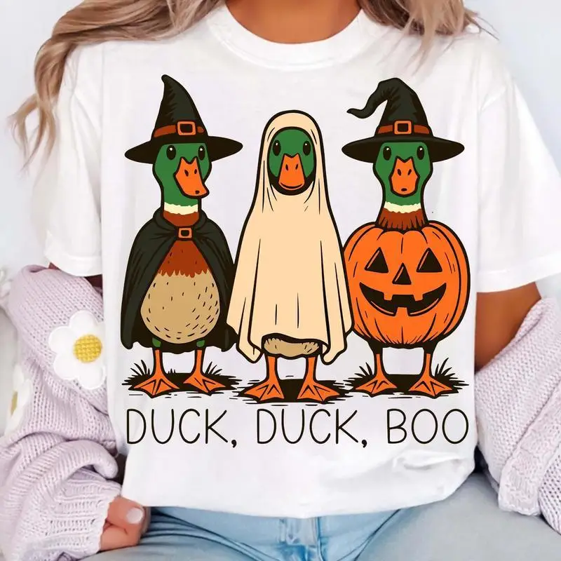 

"Duck Duck Boo T-Shirt for Women | Cute Halloween Party Graphic Tee | Spooky Season Outfit | Funny Pumpkin & Ghost Gift"
