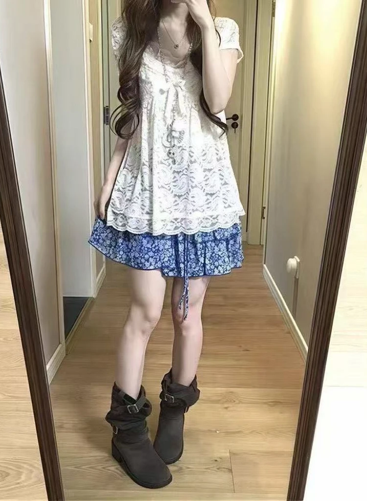 

2000-е Harajuku Vintage Sweet Свободные комплекты юбок из 2 предметов Лолита Kawaii Лук Топы + мини-юбки с принтом Y2k Костюмы в японском стиле Шикарные