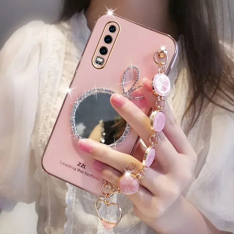 Glitter Rabbit Ears Mirror Case For Huawei Y9 Prime 2019 P20 P30 Pro P40 Y6P Y7A Y9A Slip Shellfish Texture Bracelet Cover