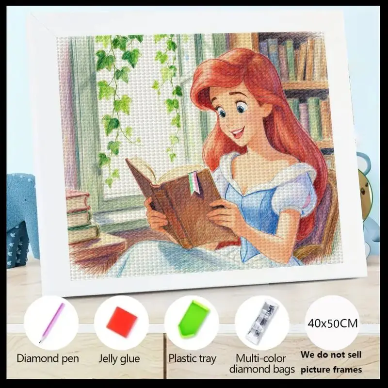 

1 шт. 5D DIY Полный дрель Набор для алмазной живописи, Книга для чтения принцессы Диснея Ариэль Русалочки в уютной библиотечной сценке, Кристалл