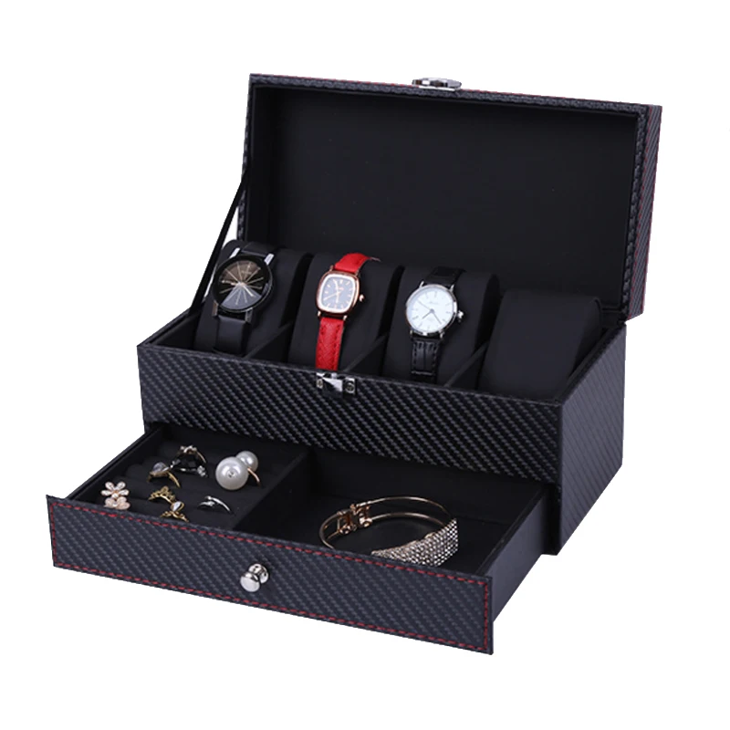 High Quality Carbon Fiber  Leather Case 4 Grid Double Layer Watch Box for Men and Women Jewelry  Organizer Display The Best Gift