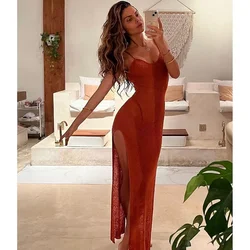 2024 Kintted Cover Up Beach Sexy See Through Maxi Slit Bodycon Summer Dress Bikinis Cover-ups Backless Elegant Halter Beachdress