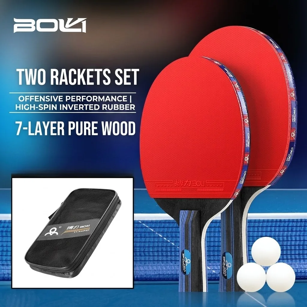 

Boli 2-Pack Table Tennis Rackets, Beginner Training 3-Star Pure Wood Table Tennis Racket Set, Double-Sided Rubber Table Tennis Rackets