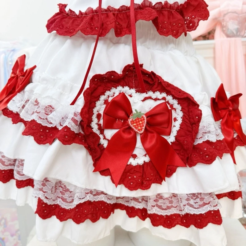 New Coquette Sweet Lolita Short Sleeve Dress Women Lace Trim Heart Strawberry Bow Ruched Waist Slim Fit Mini Dress Elegant Party view 5