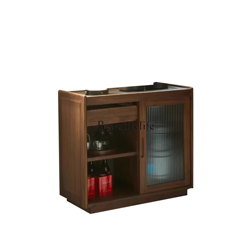 

New Chinese walnut mobile tea cabinet kettle integrated solid wood mobile small tea table