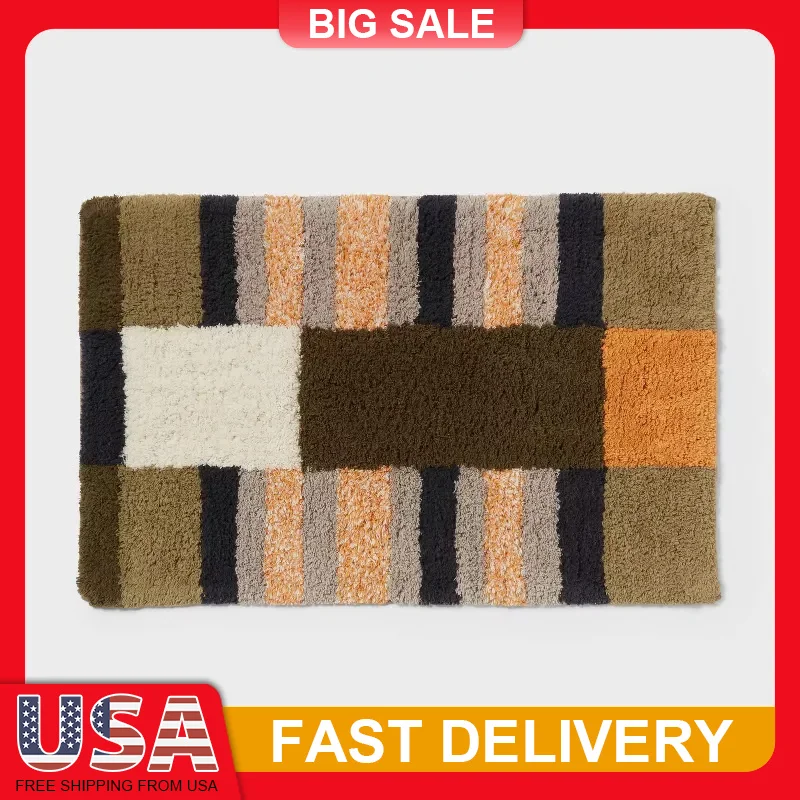 

20x30 Inch Colorblock Bath Rug Tufted Cotton Non Slip Soft Absorbent Modern Bathroom Mat Shower Rug Machine Washable