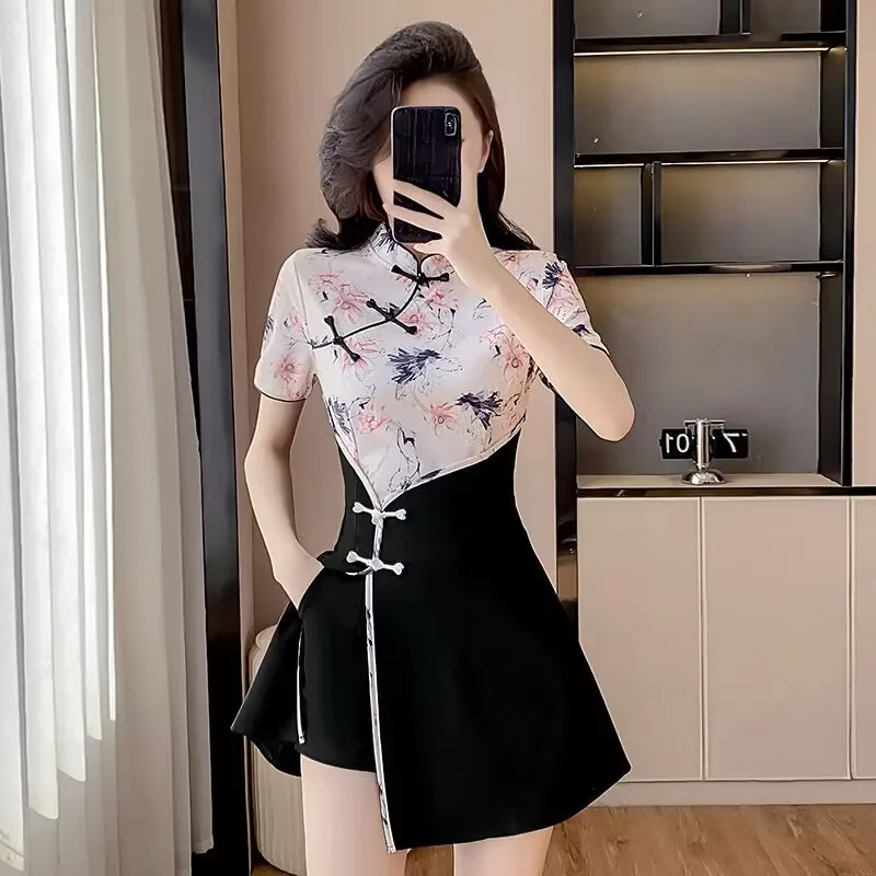 New in Matching Sets Chinese Style Print Modified Cheongsam Two-Piece Set Dress + Shorts Outfit Traditional Ethnic Fashion