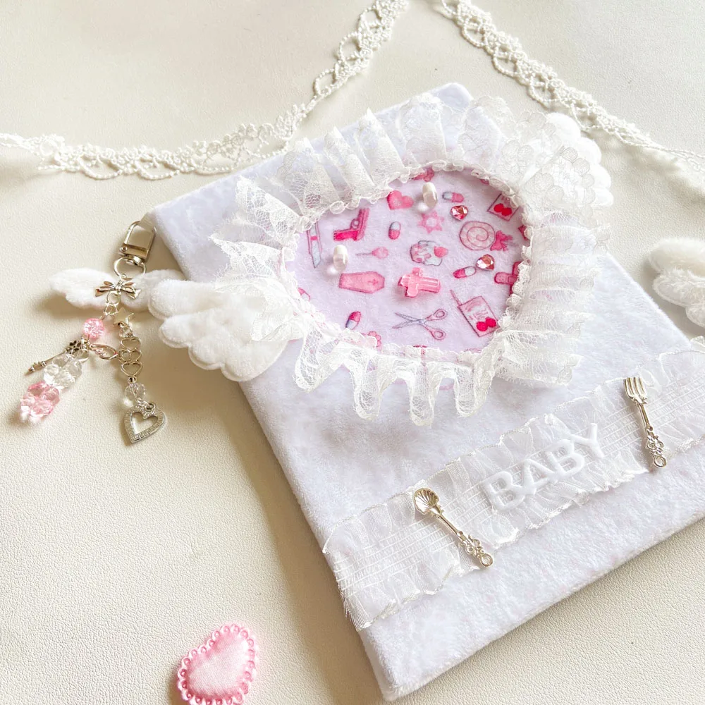 Yami Kawaii A5 Plush Hardcover Journal Yandere Notebook with 3D Pill Lace Heart and Angel Wings Diary with Charm 96 Pages