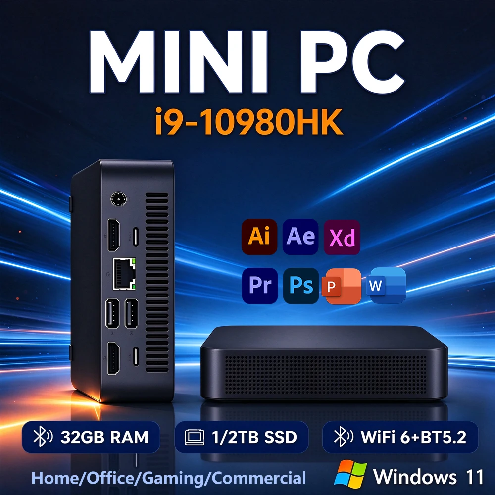 인텔 코어 i9-10980HK, 32GB RAM, 1/2TB SSD를 탑재한 게이밍 미니 PC. 블루투스 5.2, Wi-Fi 6, 1000M 이더넷, Windows 11 운영체제, 오피스 프로그램 지원.