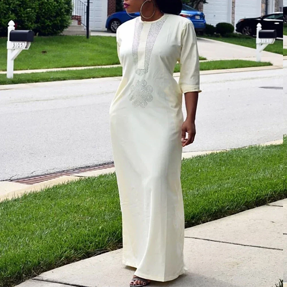 

2022 Turban Dresses For Women African Shiny Maxi Dress Muslim Fashion White Hijab Abaya Lady Party Tradition Clothing