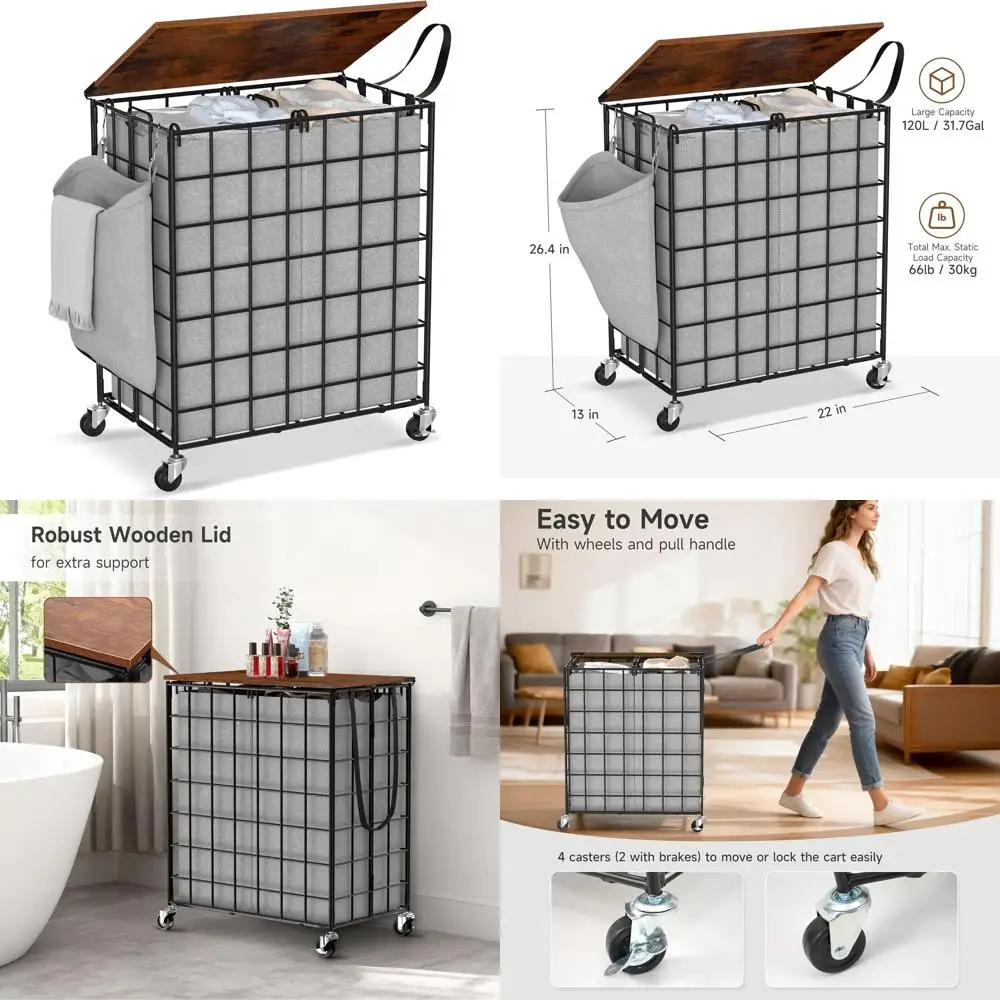 

Сверхмощная 2-секционная корзина для белья емкостью 120 л, деревянной крышкой, боковым карманом и кожаной ручкой (серый)