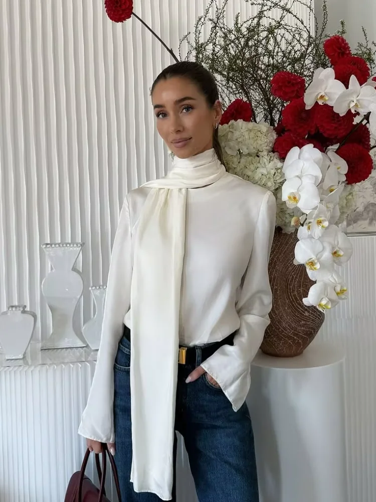 

Атласная рубашка с лентой, женская элегантная повседневная однотонная рубашка с шарфом и воротником-кльош, свободный укороченный топ с длинными рукавами, 2026, женские офисные рубашки для поездок на работу