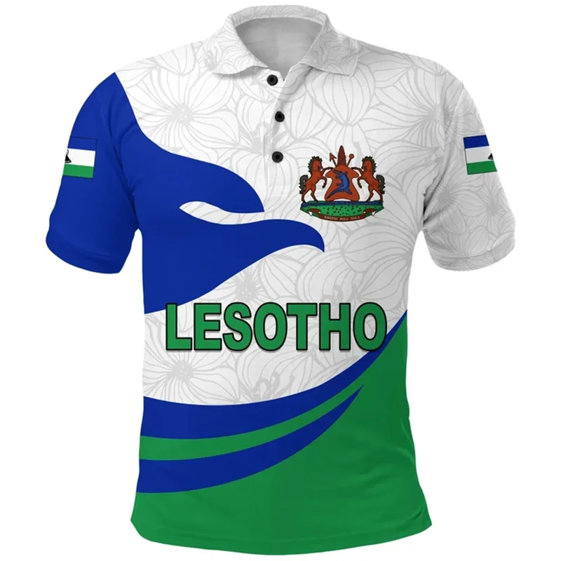 Lesotho Flag Map 3D Print Polo Shirt The RepublicOf Lesotho Coat Of Arms Graphic Polo T Shirt Vintage Mens Clothing Polo Shirts