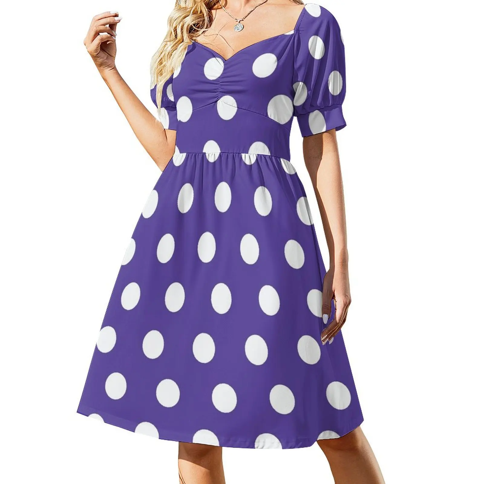 

Classic Polka Dot Pattern_White Strong Purple Chic Dark Violet Vivid Lavender Short Sleeved Dress bandage dress Dress