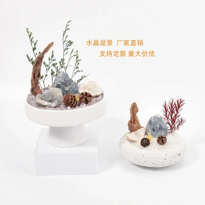 Hot Sale Natural Crystal Bonsai Micro Landscape Celestine Agate Crystal Cave with Office Home Creative Ornament