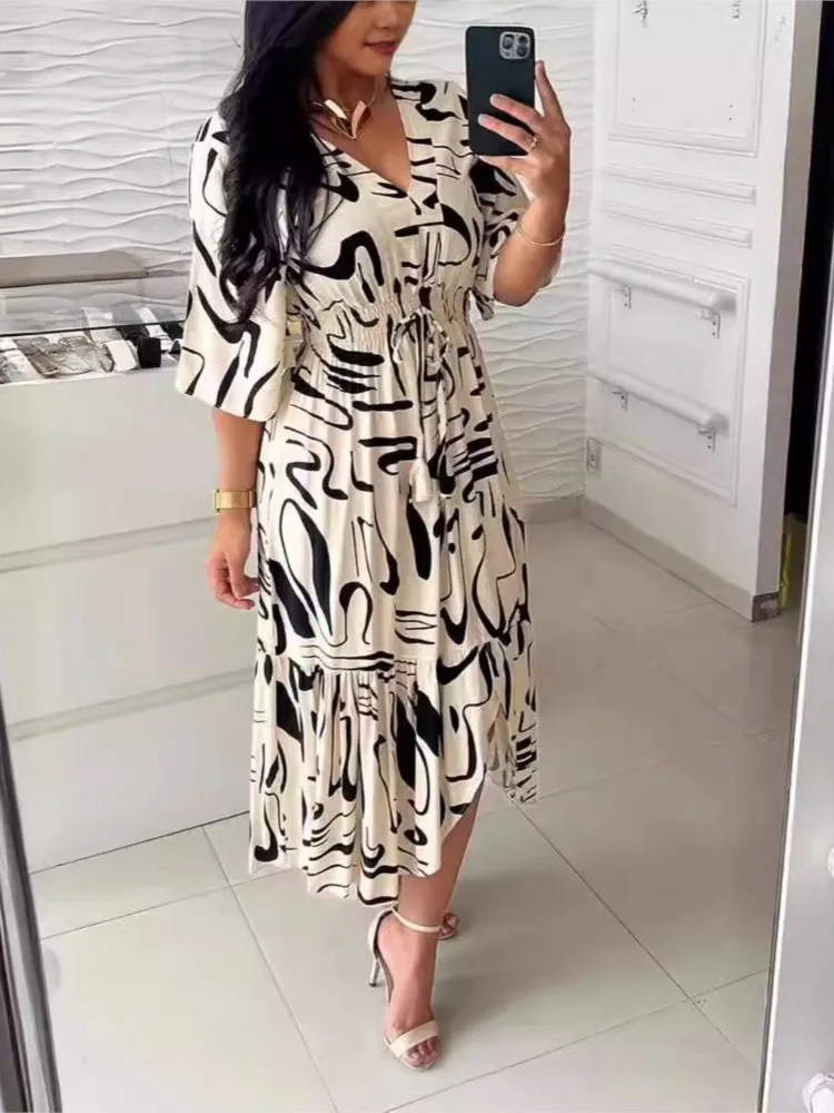 Summer Bohemian Wommen Print Midi Dress V-Neck Half Sleeve High Elastic Waist A-Line Dress Female Fashion Casual Robe Vestido