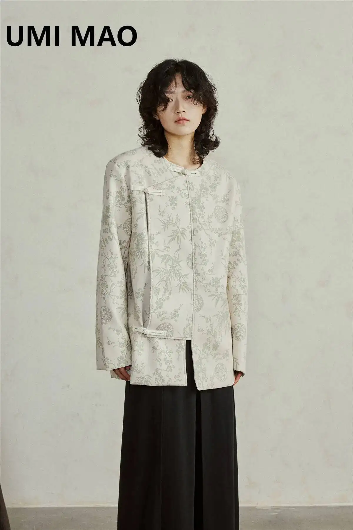 

UMI MAO Yamamoto Dark Coat Unique Design Print New Chinese Button Short Coat Slanted Front Loose PU Leather Jacket Female Men