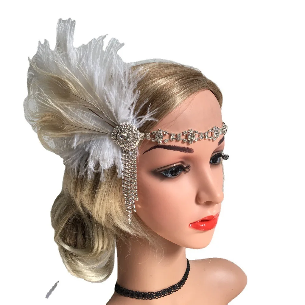

Women Vintage Feather Headband Black Rhinestone Beaded Sequin Hair Band Vintage Headpiece Flapper Feather Headdress