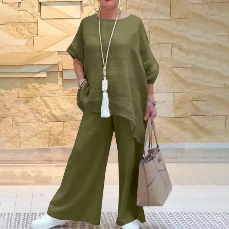 2024 Summer Fashion Cotton Linen Women's Set Large Irregular Linen Shirt High Waist Loose Wide Leg Pants Elegant Two Piece Set