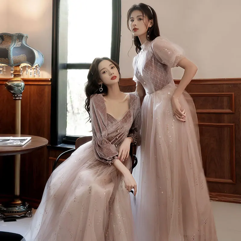 2022 New 4 Styles Bridesmaid Dress Bow Retro Elegant Long-sleeved Chic Temperament Long Evening Dress For Wedding Women Guest