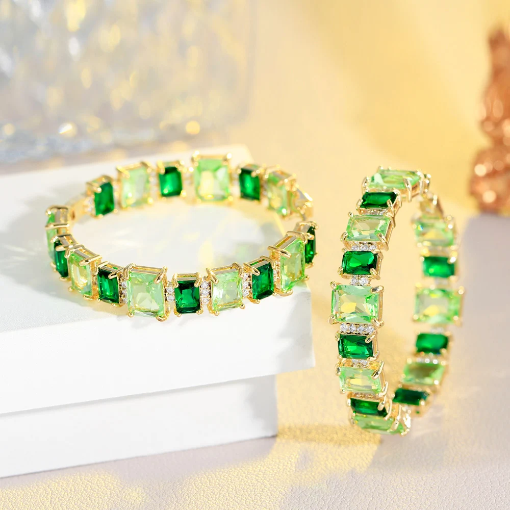 CWWZircons Square Light Green Cubic Zircon Crystal Women Big Round Hoop Earring Brazilian Gold Plated Summer Party Jewelry CZ406