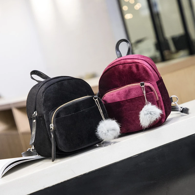 

Women Backpacks Velvet Backpack Veludo Schoolbag Zipper With Pompom Fashion Casual Mini Backpacks Female Bags For Teen Girls