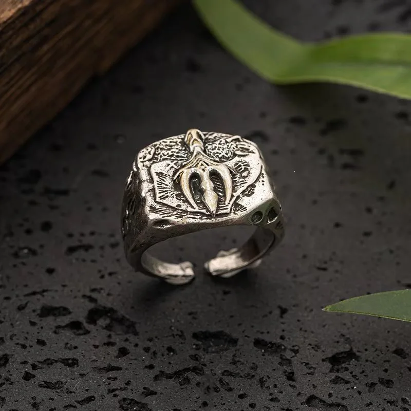 Poseidon Trident Silver Ring, Retro Mythology Index & Pinky Ring, Unique Cool Jewelry for Men