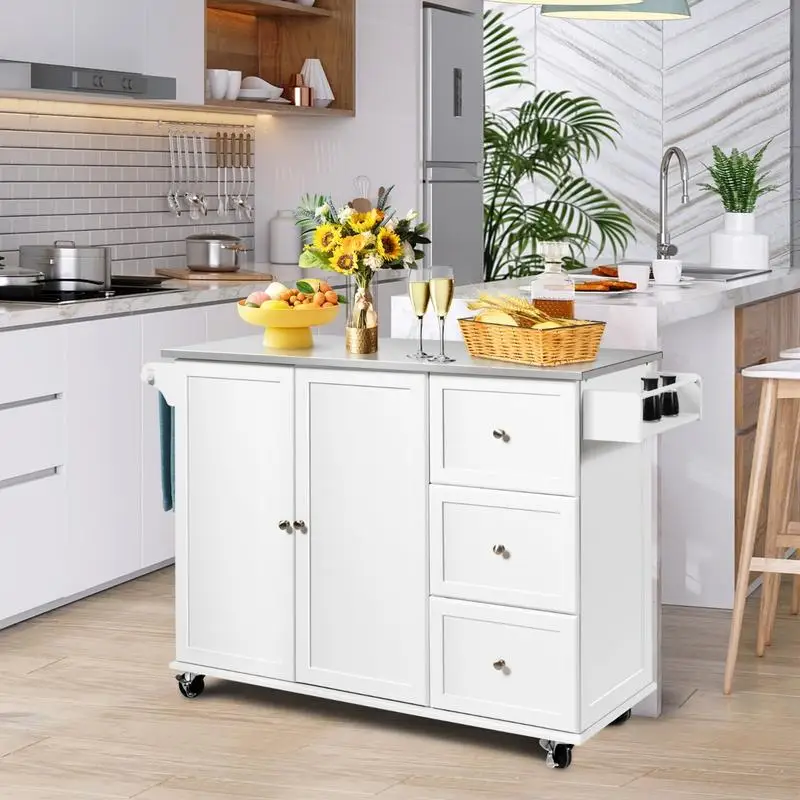 Chariot de cuisine mobile en acier inoxydable avec plan de travail, armoire de rangement à 3 tiroirs, étagère à épices, porte-serviettes et 5 roulettes