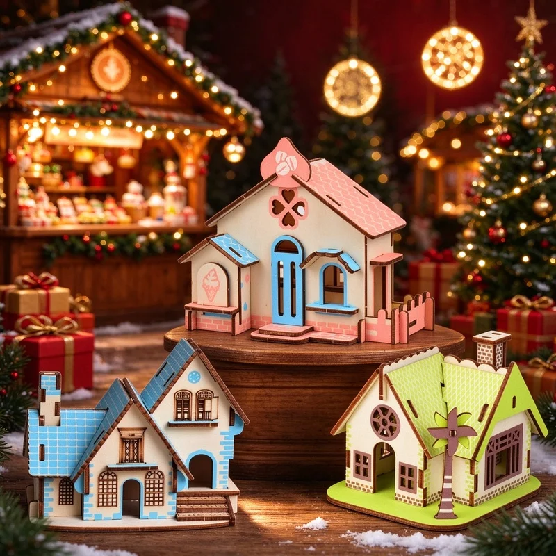 1pc Mini Wooden 3D Puzzle House Model DIY Cute Pink Blue Cottage Building Kit Handmade Jigsaw Toy for Christmas Party Craft Gift