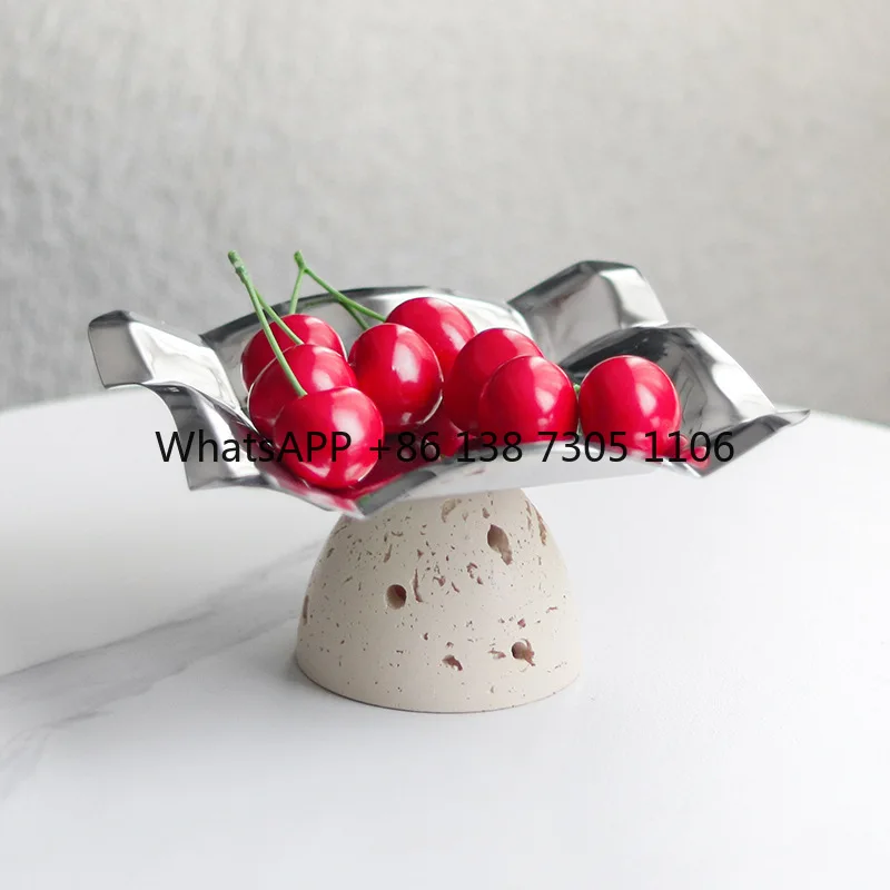 

Wabi Sand Wind Imitation Travertine Base Fruit Plate Ornament Abstract Irregular Square Metal Dried Fruit Plate Ornament