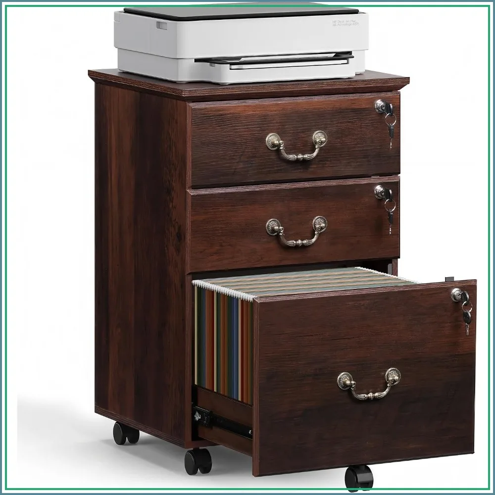 3 Drawer Wood File Cabinet with Lock, Brown Oak Filing Cabinet for Home Office