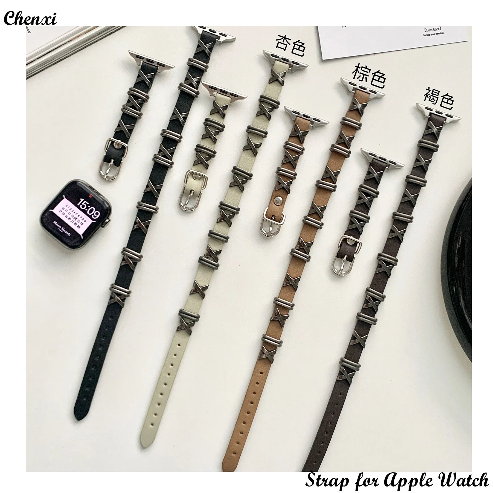 

Retro style Metal strap for Apple watch band bracelet double chain iwatch 9 Ultra38 40 4142 44 45 49mm women leather wrist