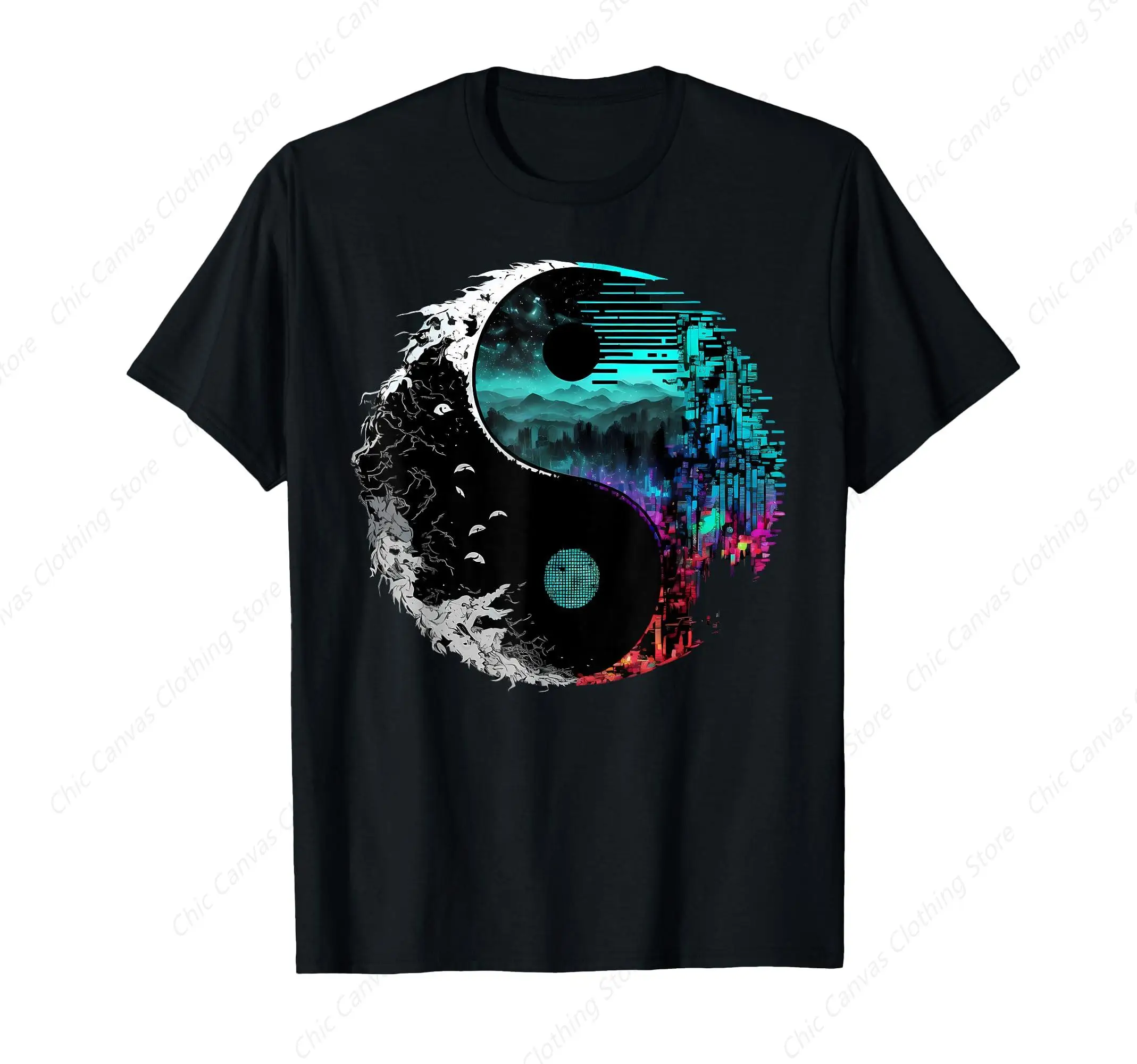 

Glitch Yin Yang T-Shirt For Male And Female Adults, Cool And Fashionable Street Printed Black Breathable Cotton Clothes