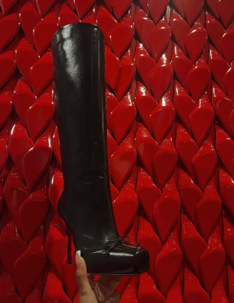 Square Toe Ballet Bow Leather Knee High Boots Women's High Heels Red/black Luxury Designer 2026 New In Boot Party Sexy Shoes