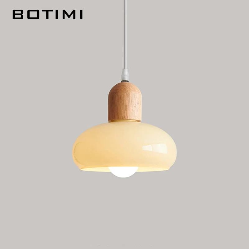 BOTIMI Single Wooden LED Pendant Light with Glass Lampshade For Dining Wire Bedroom Lustre Kitchen Luminaire Island Hanging Lamp