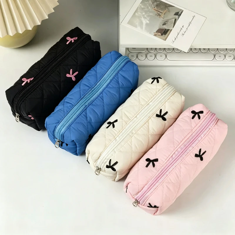 1pcs Simple Solid Color Bowknot Pencil Case Portable Desktop Stationery Storage Box Multi-functional Pencil Bags for Students