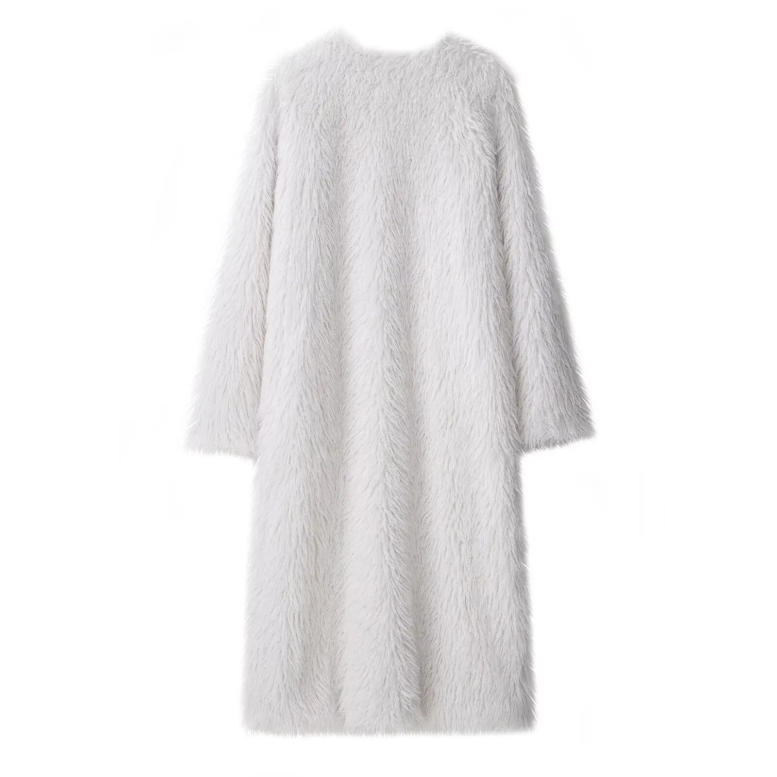 White Long Women's Faux Fur Coat O Neck Loose Fluffy Jackets Single-breasted Patchwork Plush Coats Winter Long Sleeves Furry Top